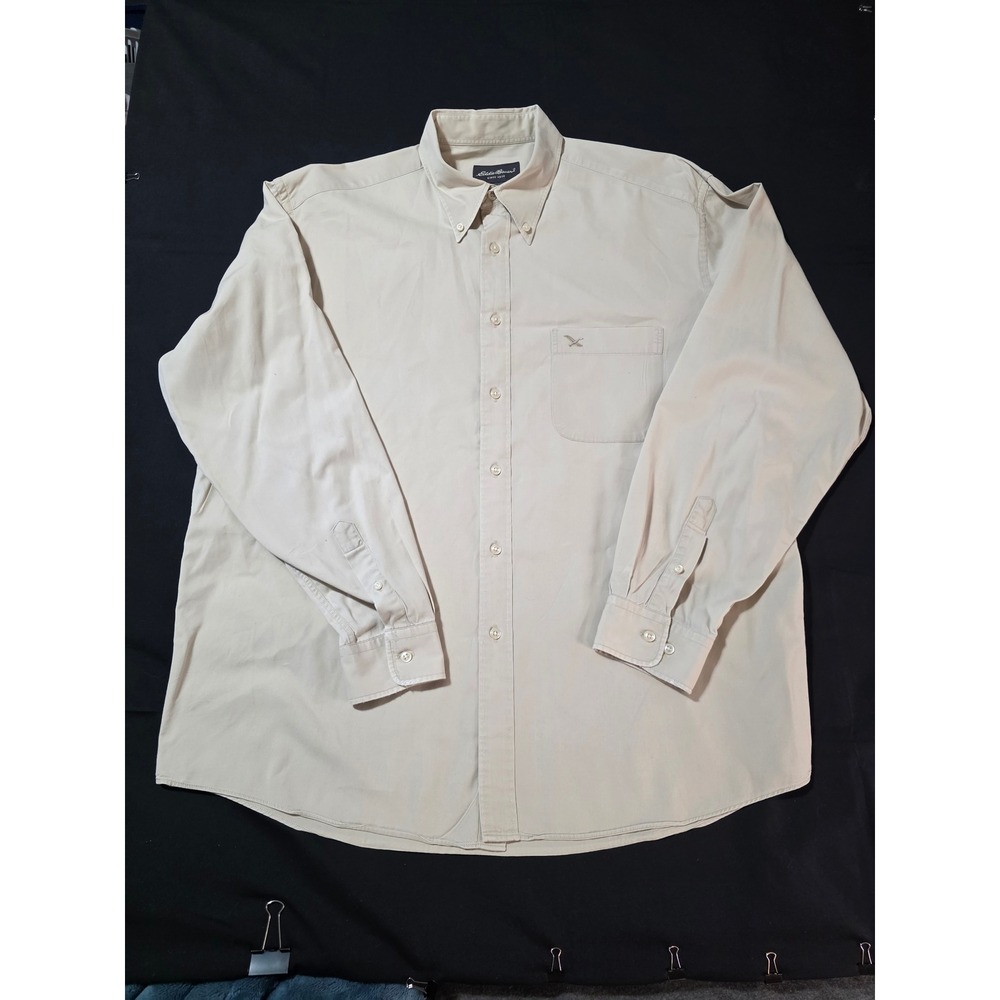 Eddie Bauer Mens L Beige Khaki Cotton Long Sleeve Button Down Shirt Logo Pocket